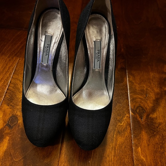 Prada Anthrocite Tartan Platform Heels. - Picture 9 of 10